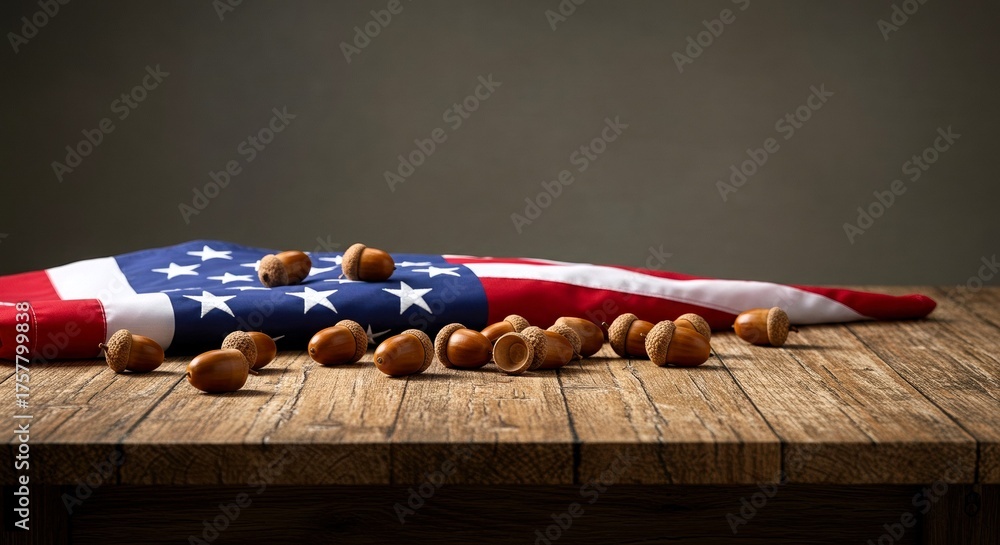 Naklejka premium On a weathered wooden table, draped American flag serves as backdrop for scattering of fallen acorns, evoking autumn imagery. copy space