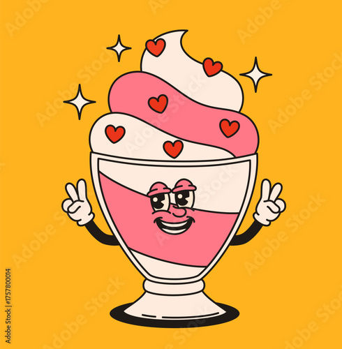 Groovy ice cream in a glass character. Flat vector illustration.