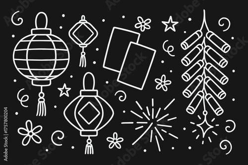 Decorative lanterns, stars, and fireworks on black background  