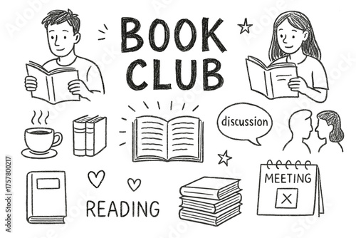 Two people discussing books in a book club with coffee and notes  