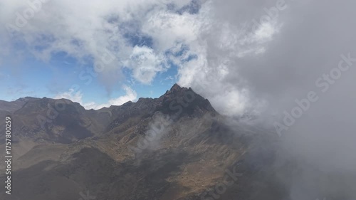 Breathtaking aerial footage showcasing the iconic Rucu Pichincha volcano and the TeleferiQo viewpoint high above Quito, Ecuador