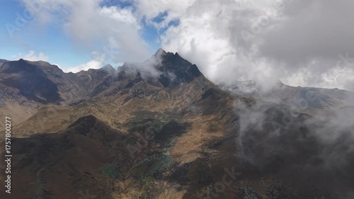 Breathtaking aerial footage showcasing the iconic Rucu Pichincha volcano and the TeleferiQo viewpoint high above Quito, Ecuador