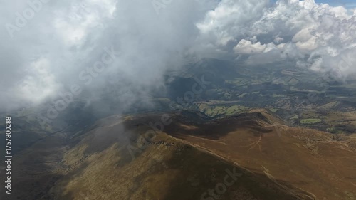 Breathtaking aerial footage showcasing the iconic Rucu Pichincha volcano and the TeleferiQo viewpoint high above Quito, Ecuador