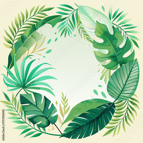 Watercolor tropical foliage border with palm, monstera, and banana leaves