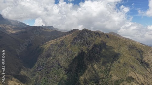 Breathtaking aerial footage showcasing the iconic Rucu Pichincha volcano and the TeleferiQo viewpoint high above Quito, Ecuador