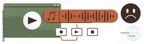 Media player window with play button, sound wave, controls, and sad face symbol. Ideal for audio streaming, user feedback, podcasting, UX, media design digital content simple flat metaphor