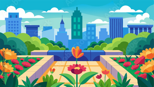 A feast for the eyes this rooftop garden features a riot of colors with vibrant flowers and foliage arranged in striking patterns. The perfectly manicured lawn offers a place to