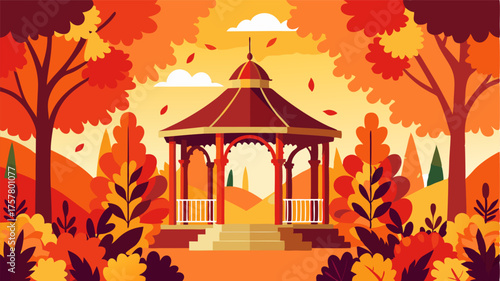 A quaint gazebo adorned with fall wreaths and surrounded by trees in various shades of red orange and yellow creating a picturesque autumn scene.