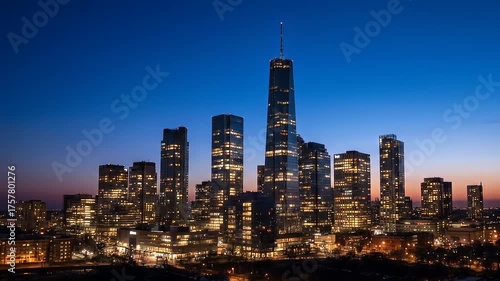 Panoramic aerial view captures a vibrant cityscape at dusk showcasing a dense collection of modern skyscrapers illuminated by warm interior lights