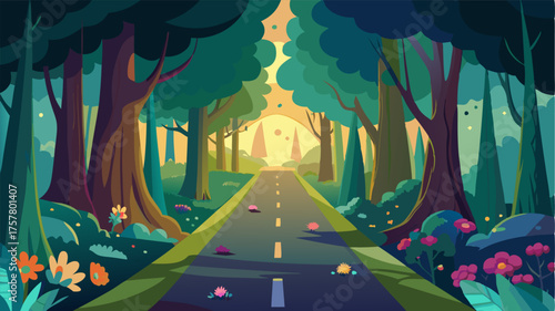 An enchanting drive through a fairytale like forest with mosscovered trees and a carpet of colorful wildflowers evoking a sense of wonder and magic.