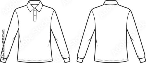 Long sleeve polo shirt technical sketch, front and back view, collar design, button placket, cuff detail, flat fashion illustration, template