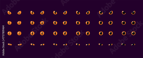 Set of yellow orange glowing eyes dark background fantasy magic cartoon animal reptile feline mammal monster demon dragon shiny pupil vector illustration