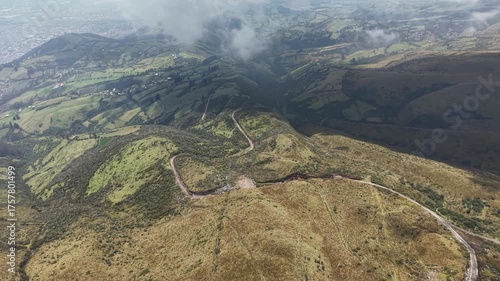 Breathtaking aerial footage showcasing the iconic Rucu Pichincha volcano and the TeleferiQo viewpoint high above Quito, Ecuador