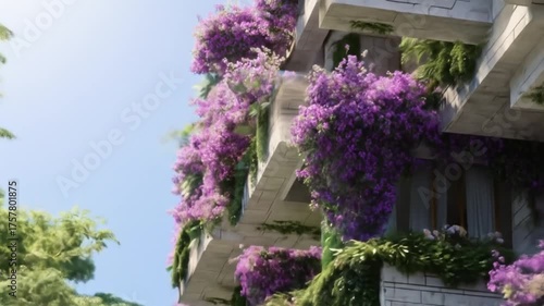 Exterior view of a building with balconies adorned with vibrant flowers