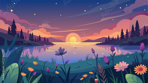 A magical oasis of wildflowers and verdant grasses blooming in the glow of a summer sunset over the shimmering lake.