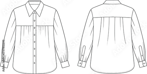 Technical fashion flat sketch of women's gathered blouse, front and back view, long sleeves, collar shirt, detailed garment design illustration.