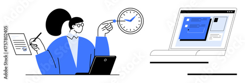 Woman handling laptop, document, and pointing at clock. Ideal for productivity, task management, remote work, planning, scheduling multitasking work-life balance. Simple flat metaphor