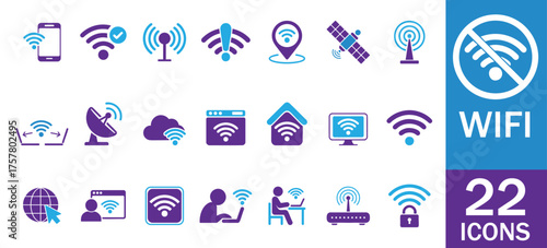 Set of Wifi & Wireless icons. internet, connection, signal, network, broadband, hotspot, router, antenna, satellite, and more. solid icons Vector Style on White Background