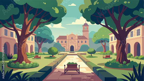 A hidden garden in the courtyard of an old historic building with ancient trees quaint benches and a sense of peacefulness amidst the chaos of the city.
