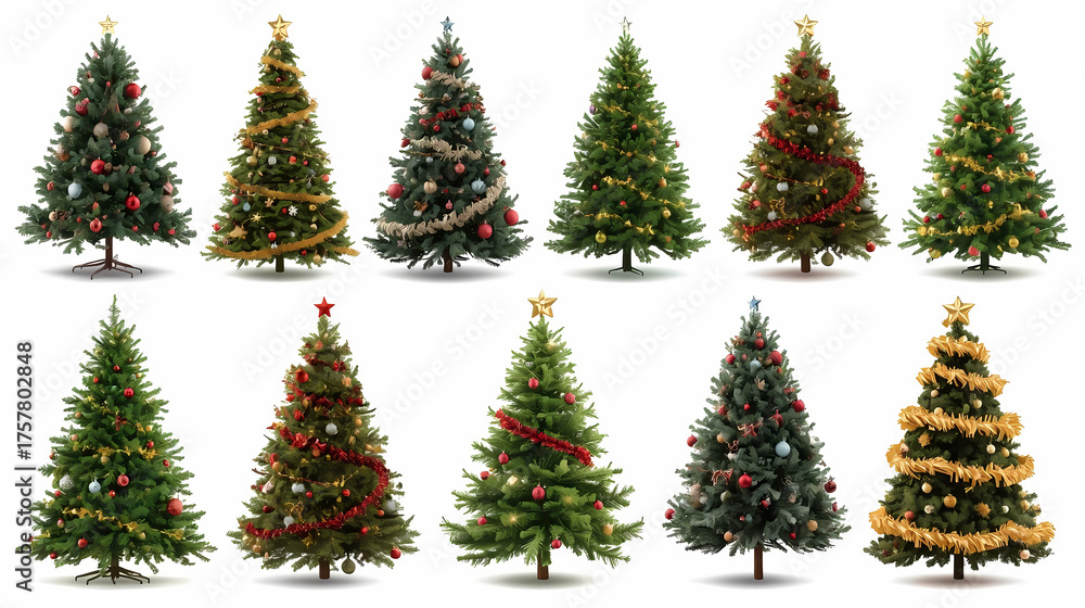 Fototapeta premium Festive Christmas Tree Collection – Realistic Pine Trees Isolated for Holiday Design and Winter Decoration