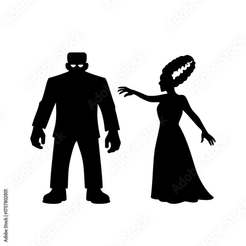 Para potworów Frankenstein - sylwetki potwora i narzeczonej - ilustracja wektorowa Halloween