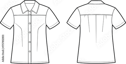 Technical shirt sketch, short sleeve button-up, front and back view, pointed collar, princess seams, fashion flat drawing, garment template