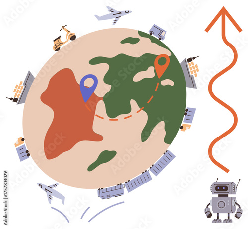Globe with route markers, vehicles, cargo, and robot symbolizing modern logistics and AI. Ideal for supply chain, automation, delivery services, globalization, innovation business growth simple