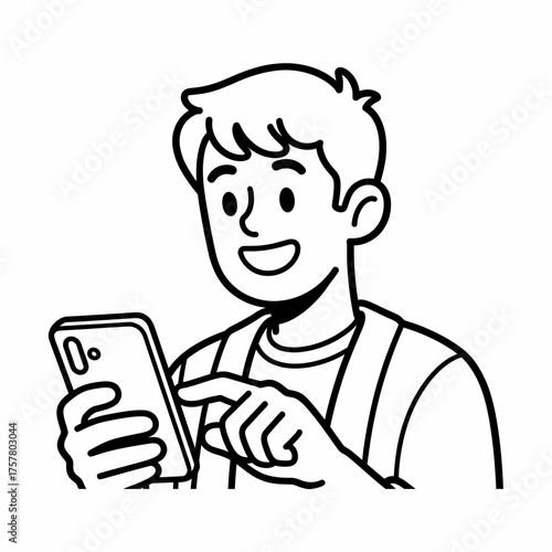 Smiling Young Man Using Smartphone and Pointing Screen