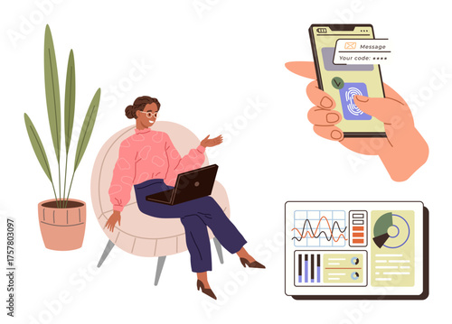 Woman seated with laptop, hand holding smartphone for two-factor authentication, and charts on screen. Ideal for cybersecurity, remote work, finance, technology, education, analytics simple flat