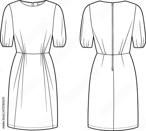 Women's puff sleeve dress flat sketch, round neck, back zipper, gathered waist, technical fashion illustration, front and back view