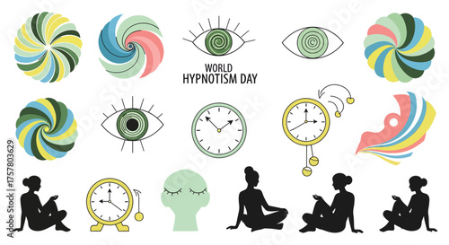 A collection of illustrations related to hypnotism, meditation, and altered states of mind, featuring spirals, eyes, clocks, and meditating figures.