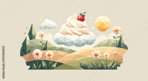 A whimsical landscape with a floating whipped cream cloud and strawberry.