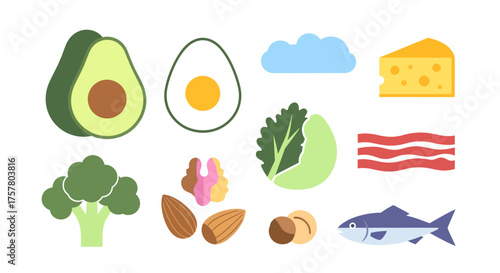 A collection of healthy ketogenic diet food icons including avocado, egg, cheese, and fish.
