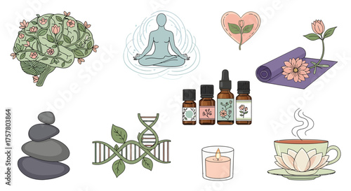 A collection of illustrated icons representing wellness, self-care, mindfulness, and holistic health.