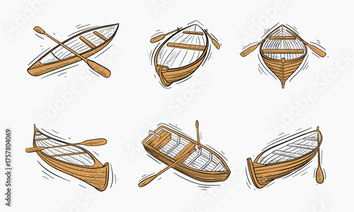 Set of wooden boats and canoes with oars, illustrating various boating positions.