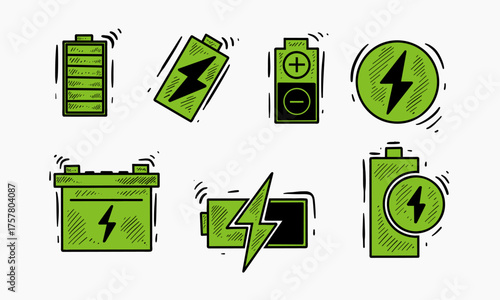 Green Battery Icons Displaying Power And EnergyA collection of hand-drawn green battery icons illustrating various stages of charging and power levels.