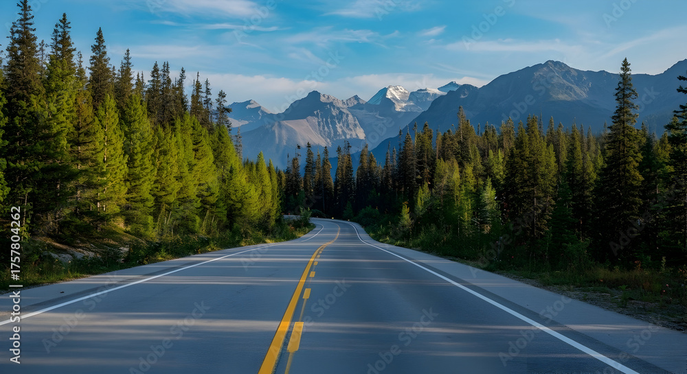 Naklejka premium Scenic mountain road through a vibrant green forest leading to majestic snow-capped peaks under a clear blue sky, evoking journey, travel, and wilderness adventure.