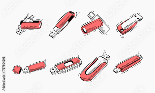 hand drawn illustration collection of red USB flash drives in various positions and orientations.