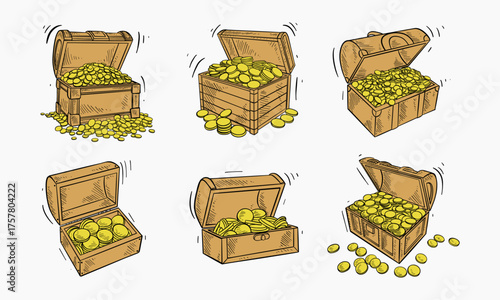 An illustration Set of wooden chests filled to the brim with gleaming golden coins, depicting wealth and treasure.