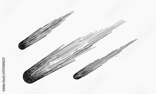 A hand-drawn illustration depicts three meteors streaking across a white background, showcasing their fiery trails.