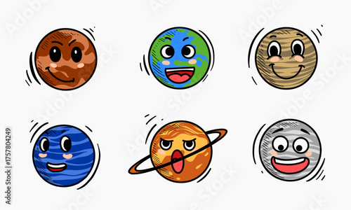 Set of planets are depicted as cartoon characters each with a unique facial expression representing different emotions.