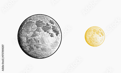 A hand drawn sketch depicting a dark and a light moon side by side illustrating the lunar phases.