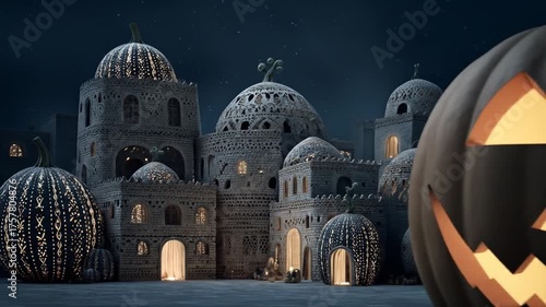 Architectural fantasy with illuminated structures at dusk or night