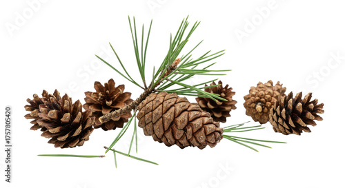 Group of Pine Cones and Pine Needles on White Background.