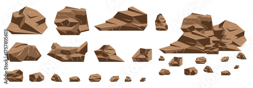 Rock stone. Isometric rocks and stones, geological granite massive boulders. Cobbles for mountain game cartoon landscape. Natural mineral texture isolated vector set