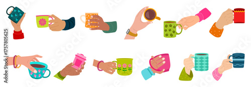 Woman hands with beverage cups. Female arms with manicure hold different mugs with hot drink, coffee, cocoa and tea. Colorful tableware for morning drinks collection modern cartoon vector isolated set