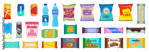 Vending products. Beverages and snack plastic package, fast food snack packs, biscuit sandwich. Drinks water juice flat vector cracker chips and snacking junk bar icons