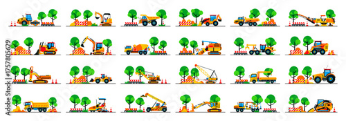 Set of construction equipment work at the site. Collection of machines for construction on a landscape. Excavator, bulldozer, tractor, loader, concrete mixer, asphalt paver, signs.Vector illustration