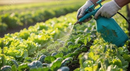 Person spraying crops in a field with a blue sprayer wearing gloves for protection and safety first