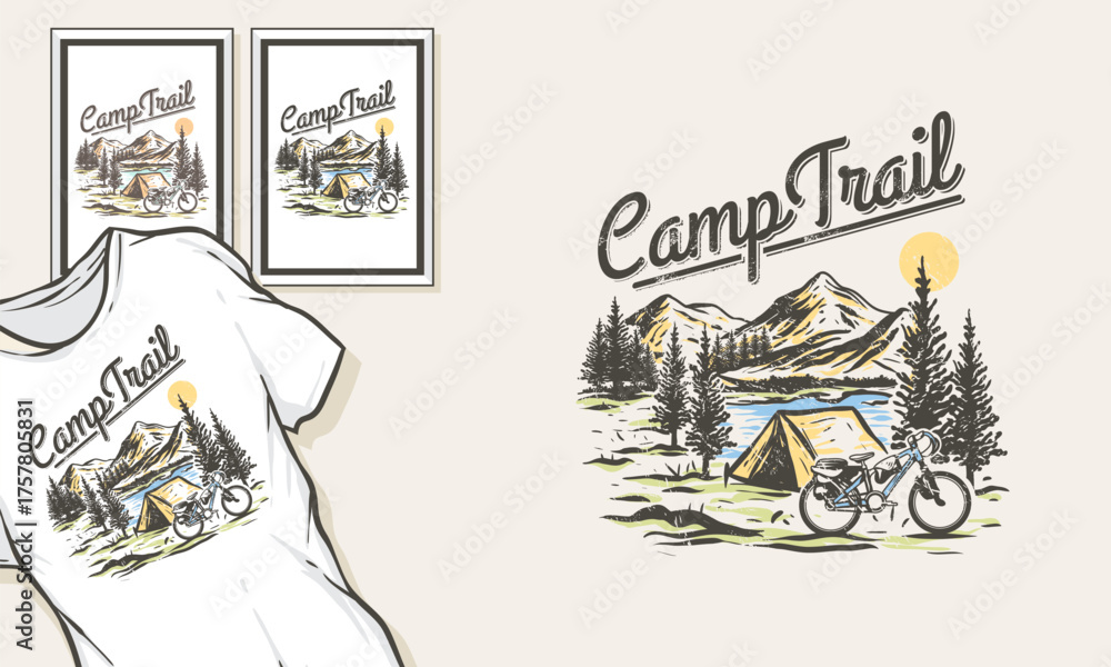 Obraz premium mountain illustration immunity graphic forest design bicycle vintage camp outdoor